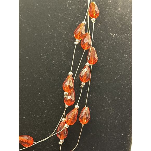 Vintage Multi Strand Red Beaded Silver Tone Necklace Jewerly Costume Fashion - Picture 5 of 7